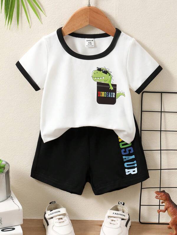 Baby Boy Dinosaur Print Contrast Binding Tee & Letter Graphic Shorts