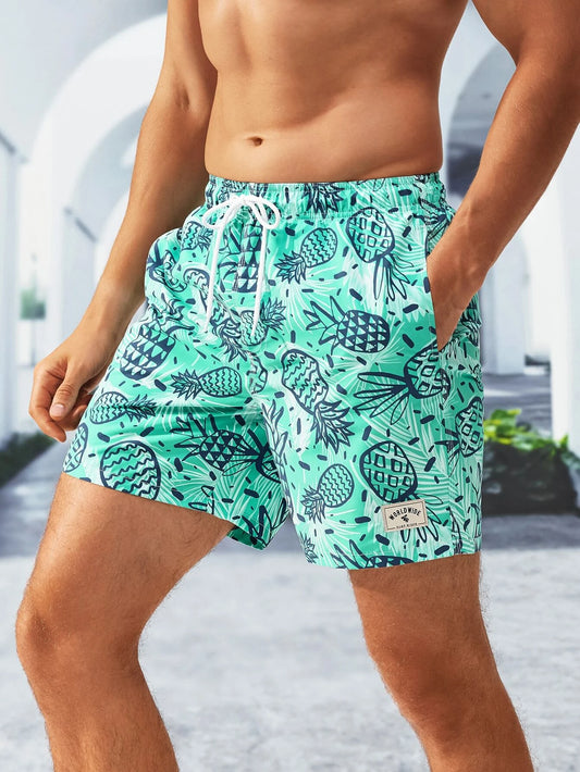 Men Allover Print Drawstring Waist Swim Trunks