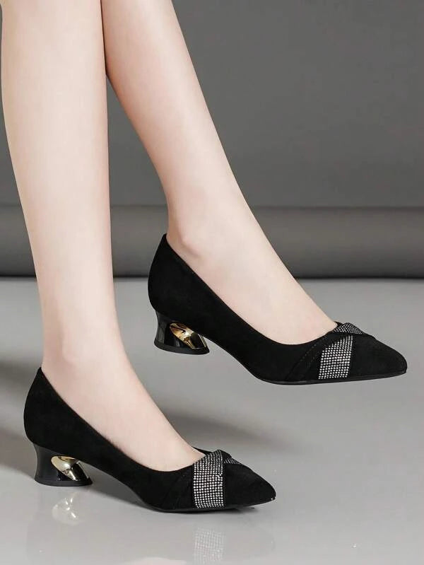 Glamorous Court Pumps For Women, Faux Suede Rhinestone Decor Sculptural Heeled Pumps