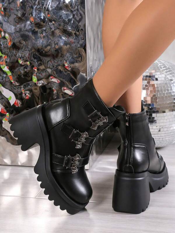 Women's Fashionable Pu Belt Buckle High Heel Platform Boots