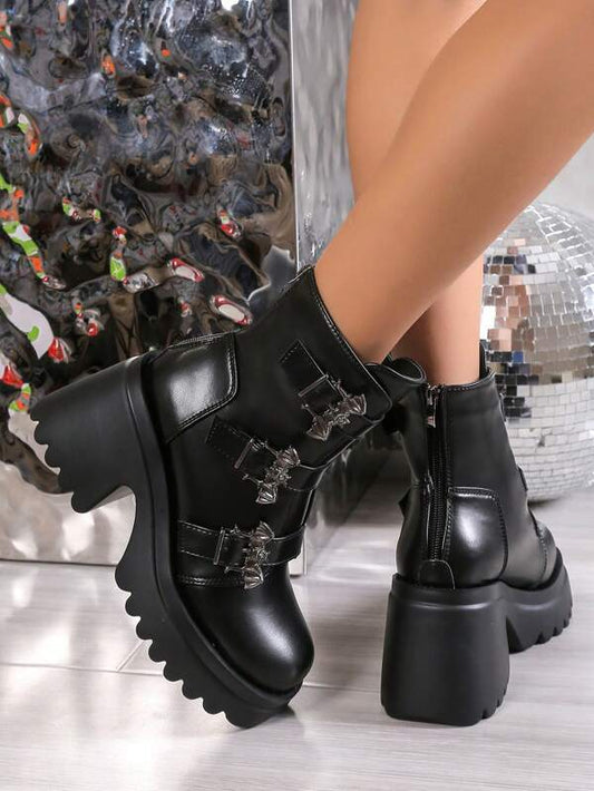 Women's Fashionable Pu Belt Buckle High Heel Platform Boots