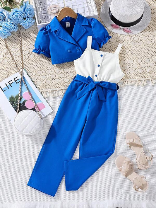 Toddler Girls Belted Jumpsuit & Lapel Neck Blouse