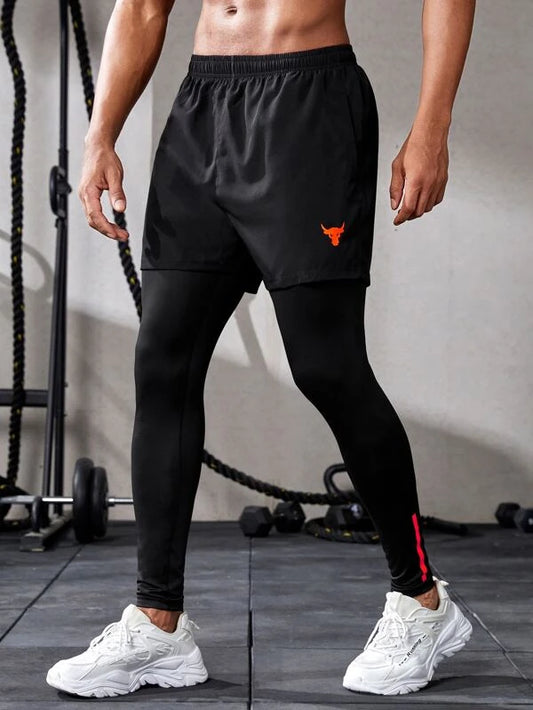 Fitness Men Cattle Print Contrast Tape 2 In 1 Sports Pants