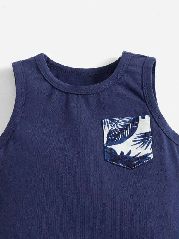 Toddler Boys Tropical Print Patched Pocket Tank Top & Shorts