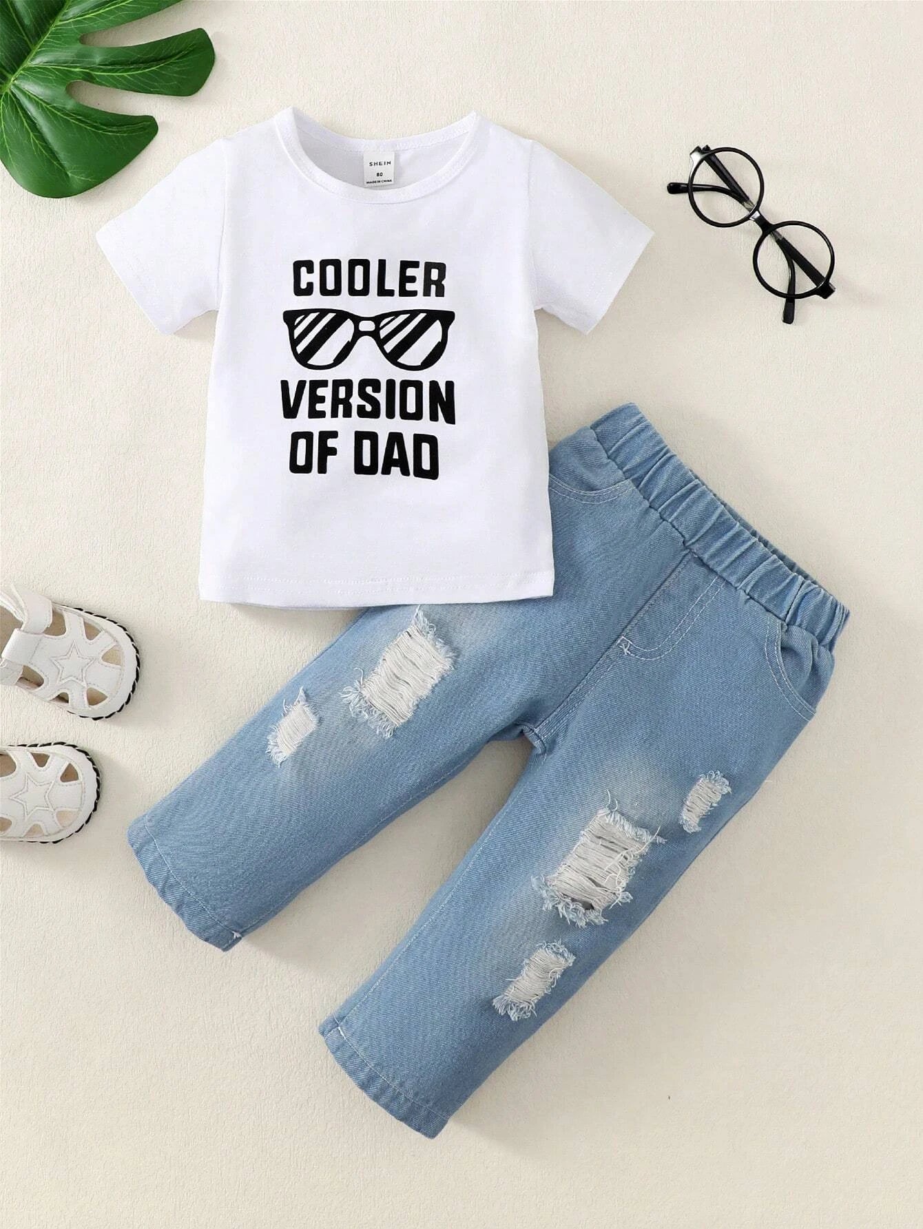 Baby Slogan And Glasses Print Tee & Ripped Jeans