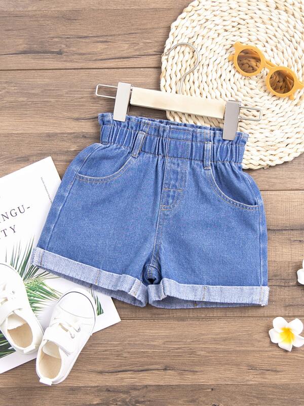 SHEIN Kids EVRYDAY Toddler Girls Roll Up Hem Paperbag Waist Denim Shorts