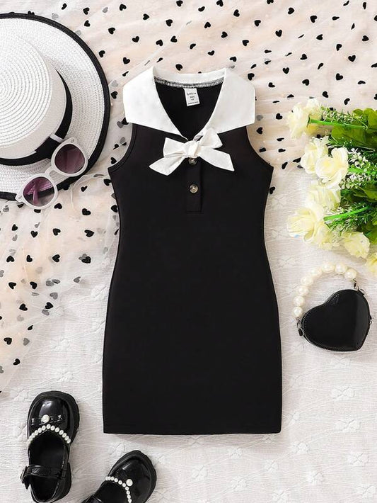 Young Girls' Elegant Audrey Hepburn Style Sleeveless Dress With Bowknot & Front Button, Straight Cut For Summer