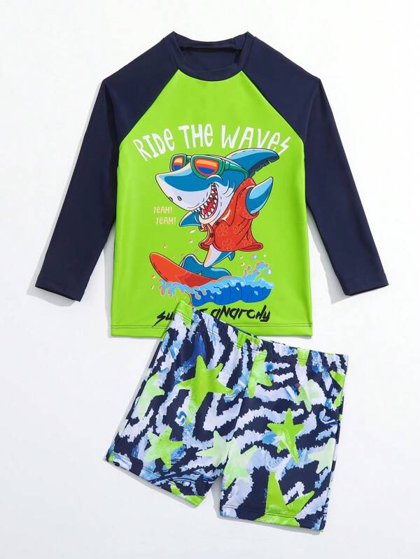 Young Boy Cartoon Shark Print Beach Swimsuit