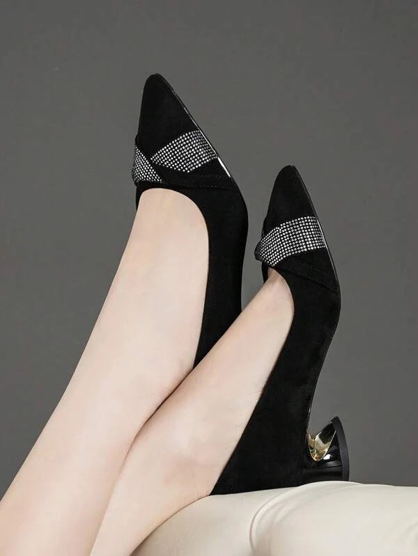 Glamorous Court Pumps For Women, Faux Suede Rhinestone Decor Sculptural Heeled Pumps