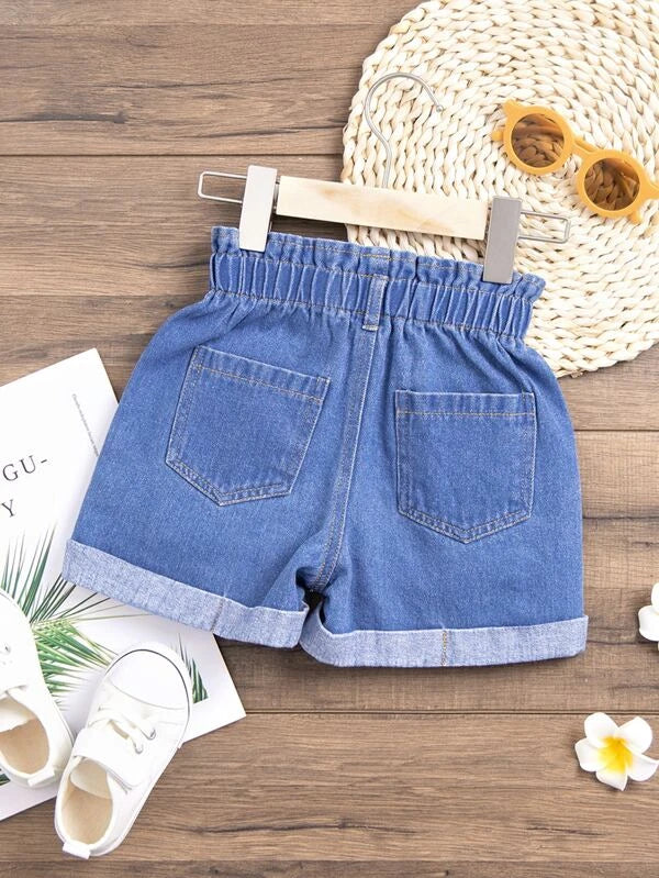 SHEIN Kids EVRYDAY Toddler Girls Roll Up Hem Paperbag Waist Denim Shorts