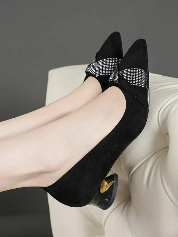 Glamorous Court Pumps For Women, Faux Suede Rhinestone Decor Sculptural Heeled Pumps