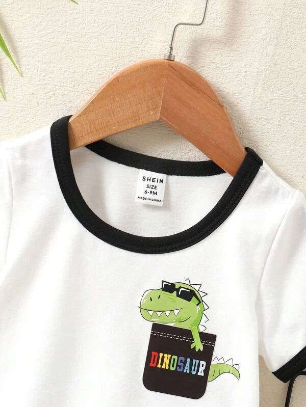 Baby Boy Dinosaur Print Contrast Binding Tee & Letter Graphic Shorts