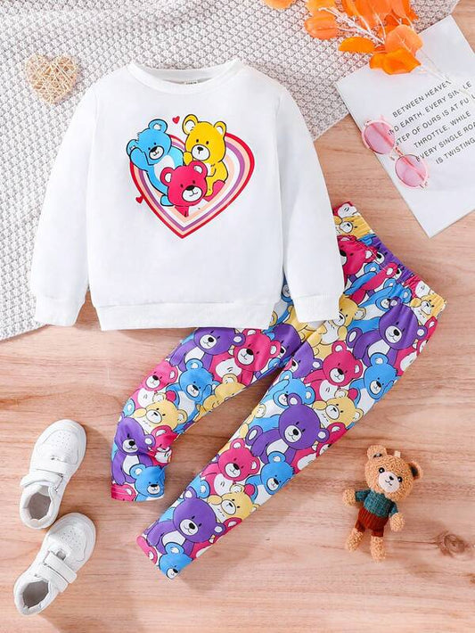 Young Girl Bear Print Sweatshirt & Leggings