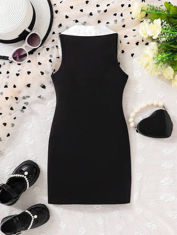 Young Girls' Elegant Audrey Hepburn Style Sleeveless Dress With Bowknot & Front Button, Straight Cut For Summer