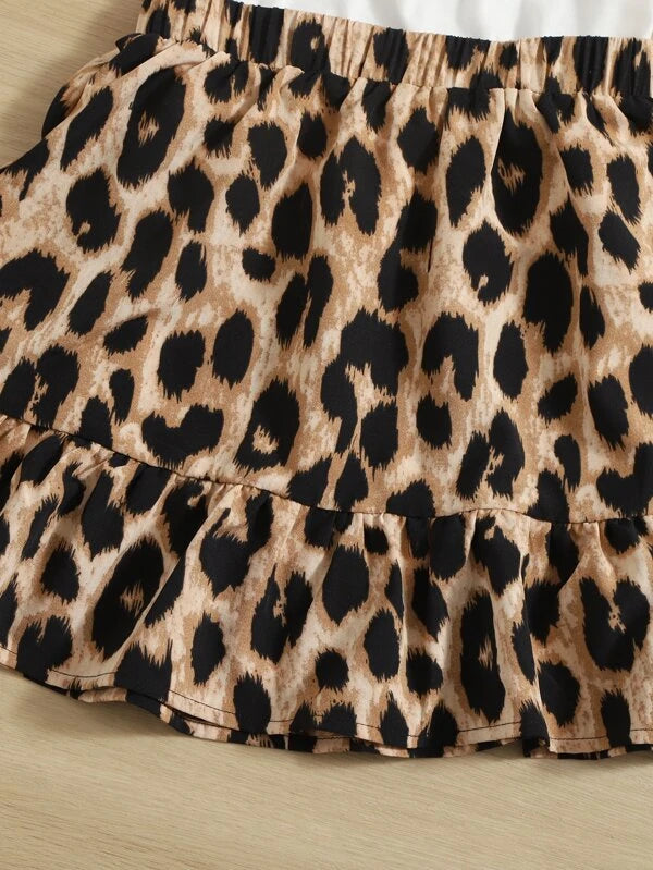 SHEIN Girls Figure Graphic Ruffle Trim Tee & Leopard Print Skirt