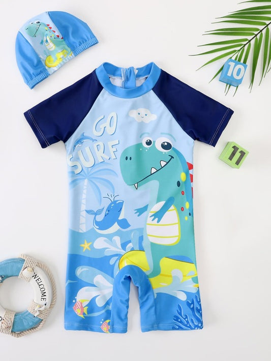 SHEIN Kids QTFun Toddler Boys Dinosaur Print One Piece Swimsuit & Accessory Swim Cap