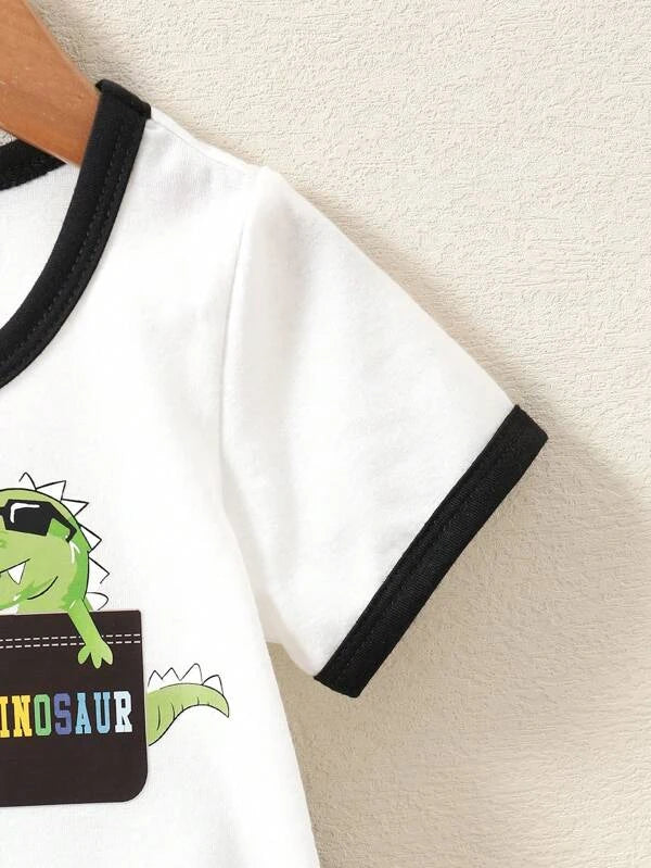 Baby Boy Dinosaur Print Contrast Binding Tee & Letter Graphic Shorts