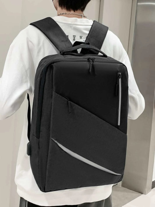 Men Zipper Front USB Charging Port Laptop Backpack