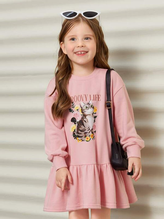 SHEIN Toddler Girls Letter & Cat Print Drop Shoulder Ruffle Hem Sweatshirt Dress