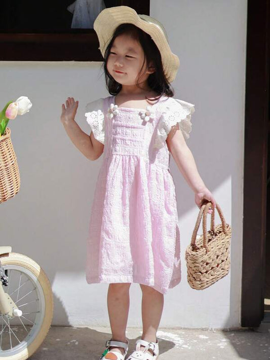 Young Girls' Sweet And Lovely Floral Decor Flutter Sleeve Pink Dress, Casual And Comfortable For Summer