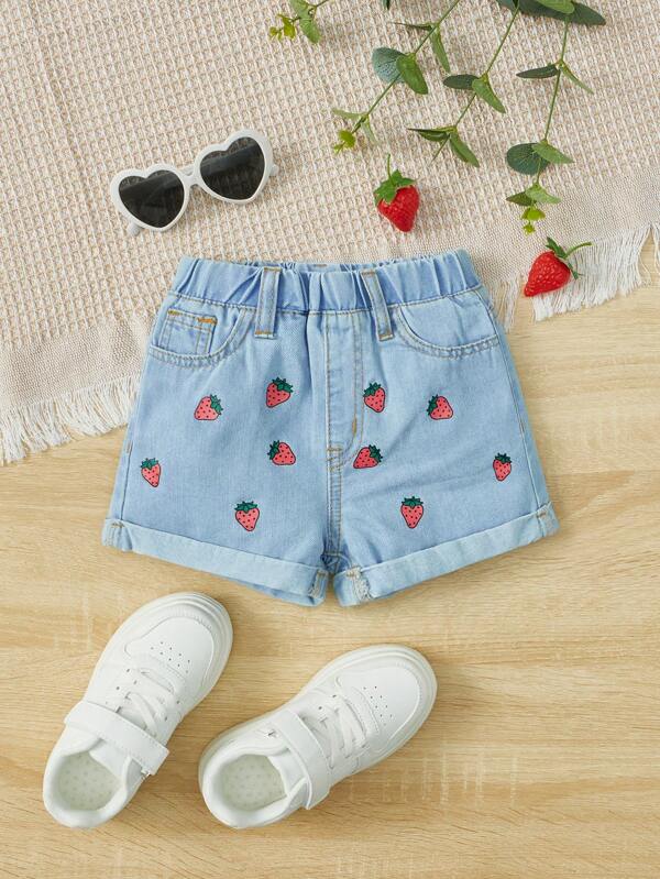 SHEIN Kids EVRYDAY Toddler Girls Strawberry Print Roll Up Hem Denim Shorts