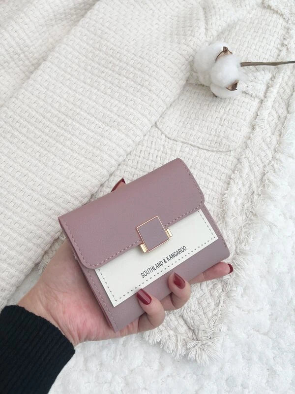 Letter Graphic Two Tone Flap Small Wallet Pocket Wallet Small Purse ID Window Bifold Women Wallet