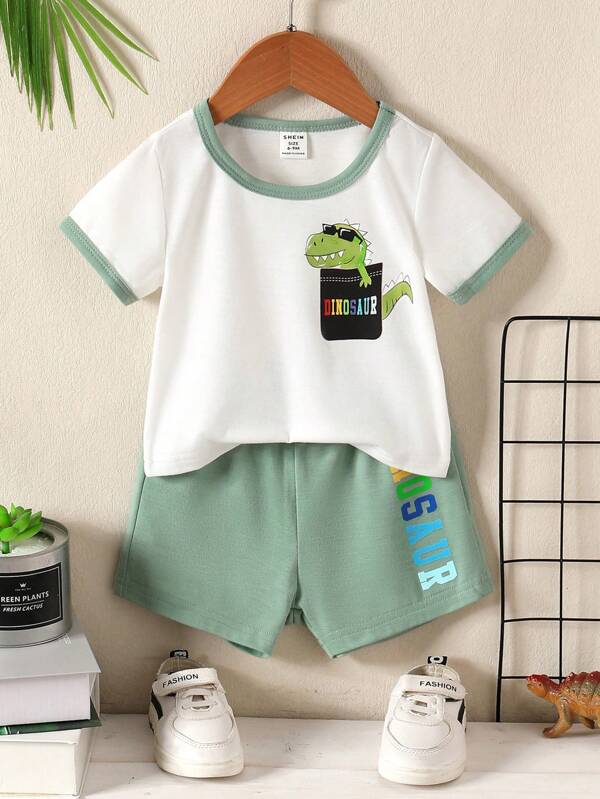 Baby Boy Dinosaur Print Contrast Binding Tee & Letter Graphic Shorts