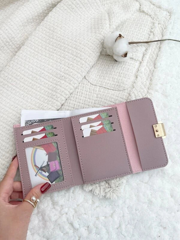 Letter Graphic Two Tone Flap Small Wallet Pocket Wallet Small Purse ID Window Bifold Women Wallet