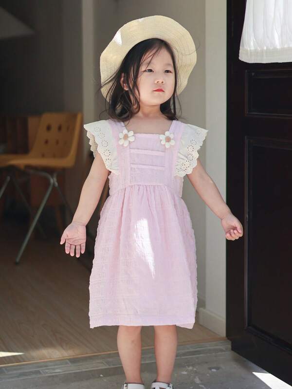 Young Girls' Sweet And Lovely Floral Decor Flutter Sleeve Pink Dress, Casual And Comfortable For Summer