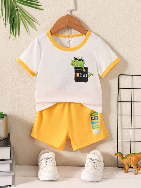 Baby Boy Dinosaur Print Contrast Binding Tee & Letter Graphic Shorts