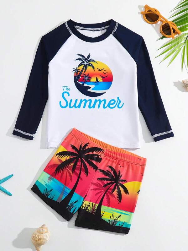 SHEIN Kids SUNSHNE Toddler Boys Coconut Tree & Letter Graphic High Neck Beach Swimsuit