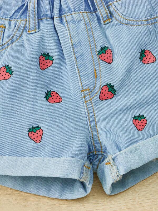 SHEIN Kids EVRYDAY Toddler Girls Strawberry Print Roll Up Hem Denim Shorts