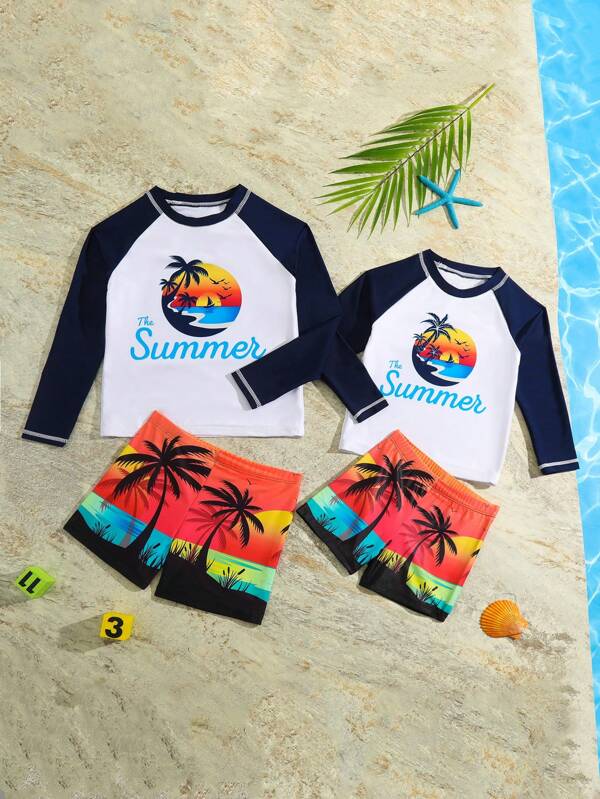 SHEIN Kids SUNSHNE Toddler Boys Coconut Tree & Letter Graphic High Neck Beach Swimsuit