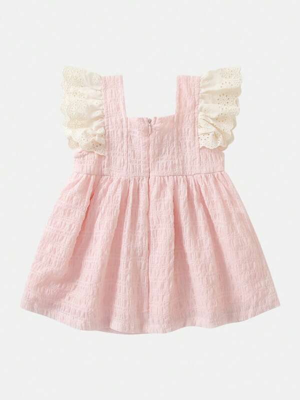 Young Girls' Sweet And Lovely Floral Decor Flutter Sleeve Pink Dress, Casual And Comfortable For Summer