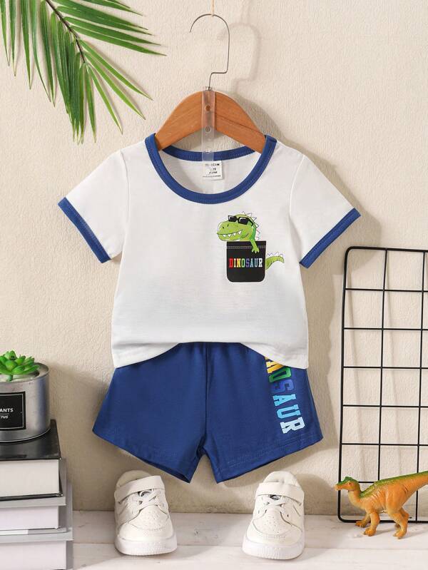 Baby Boy Dinosaur Print Contrast Binding Tee & Letter Graphic Shorts