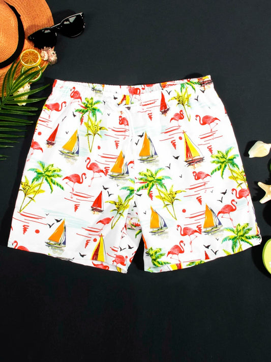 Men Tropical Print Drawstring Waist Swim Trunks