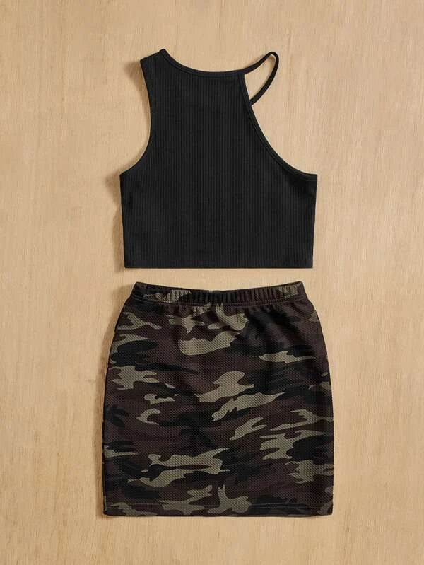 SHEIN Girls Letter Graphic Asymmetrical Neck Tank Top & Camo Print Skirt