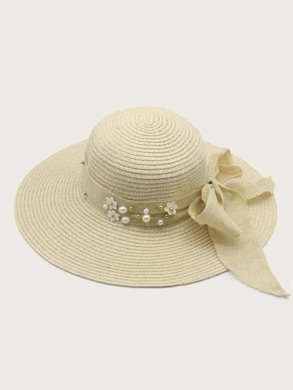 Faux Pearl & Floral Decor Straw Hat