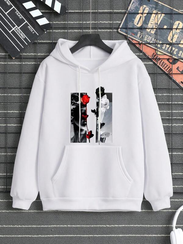 Men Figure and Floral Print Kangaroo Pocket Drawstring Thermal Hoodie