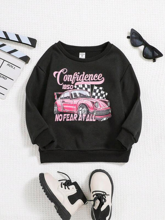 SHEIN Kids Cooltwn Young Girl 1pc Car & Letter Graphic Drop Shoulder Thermal Pullover