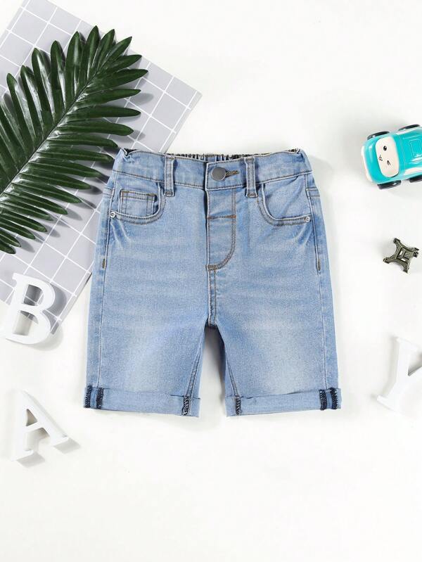 Young Boy Slant Pocket Roll Hem Denim Shorts