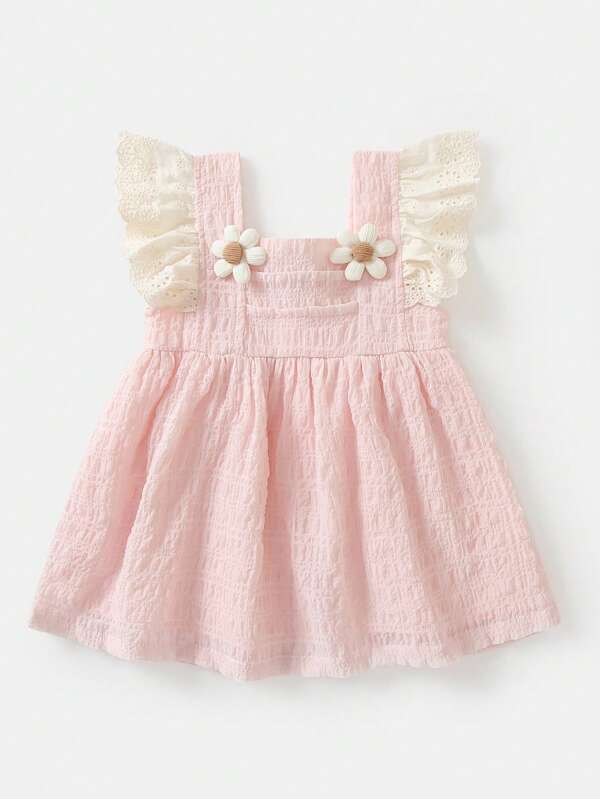 Young Girls' Sweet And Lovely Floral Decor Flutter Sleeve Pink Dress, Casual And Comfortable For Summer