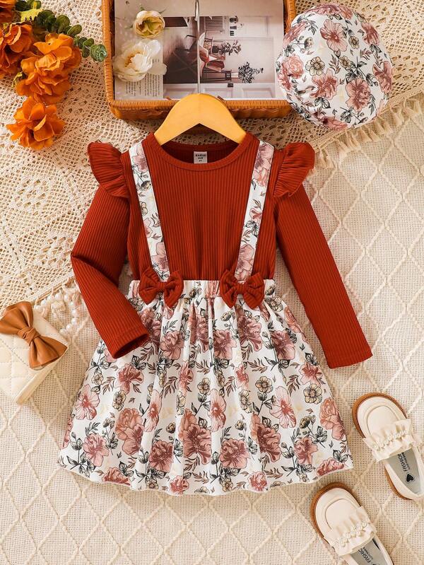 Young Girl Floral Print Ruffle Trim Bow Front 2 In 1 Dress & Hat