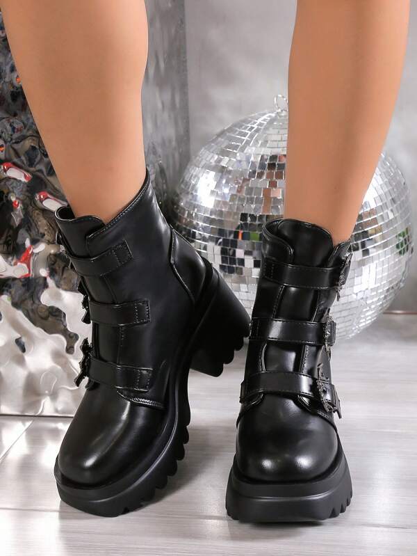 Women's Fashionable Pu Belt Buckle High Heel Platform Boots