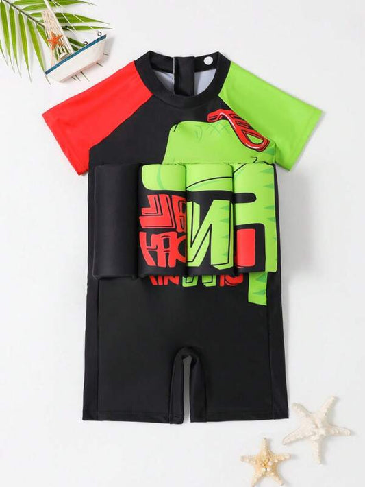 Toddler Boys Cartoon Graphic Zipper Back Float One Piece Swimsuit