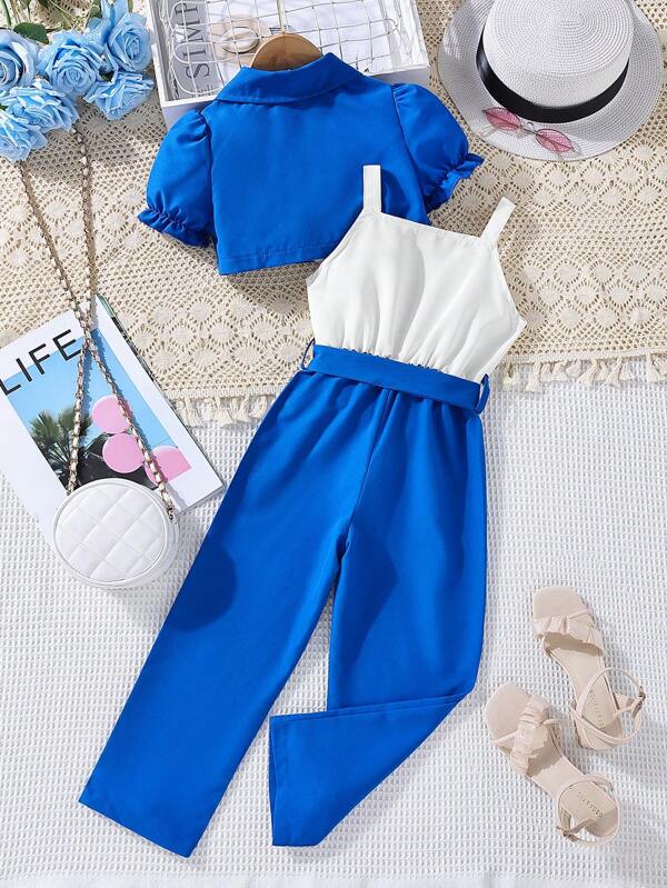 Toddler Girls Belted Jumpsuit & Lapel Neck Blouse