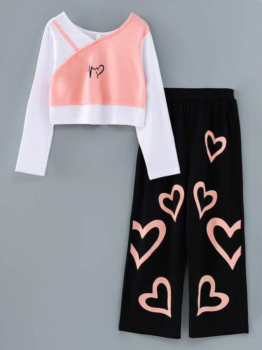 Girls Heart Print 2 In 1 Tee & Wide Leg Pants