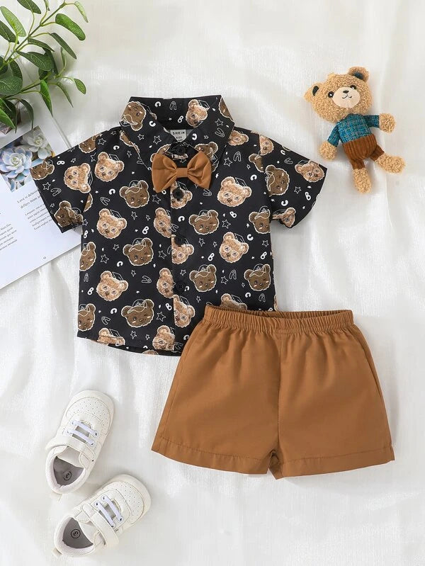 Baby Bear Print Bow Front Shirt & Shorts