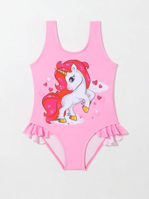 Toddler Girls Unicorn Print Ruffle Trim One Piece Swimsuit