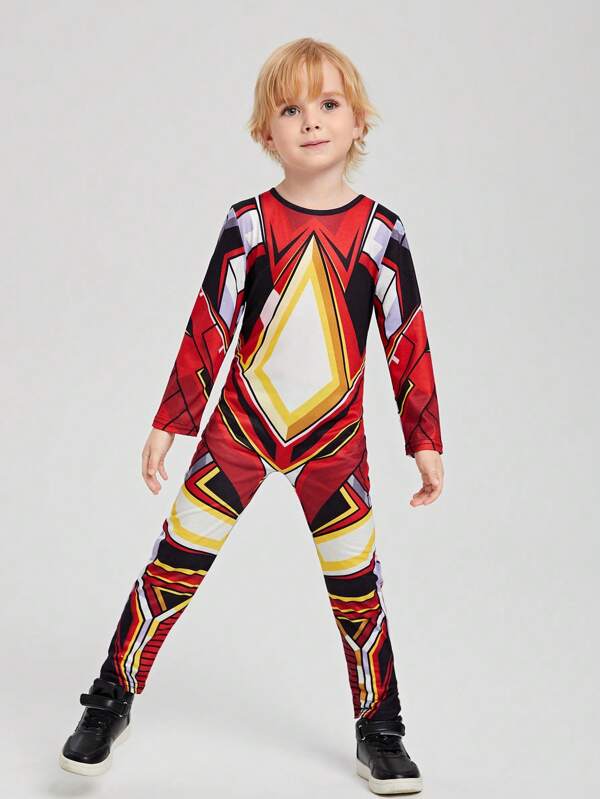 Young Boy Geo Print Zipper Back Jumpsuit